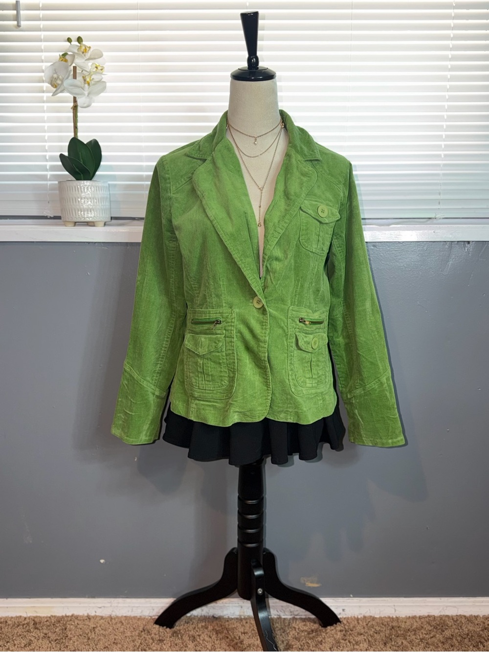 Paris Blues Lime Green Corduroy Fitted Utility Blazer Jacket Y2K L
